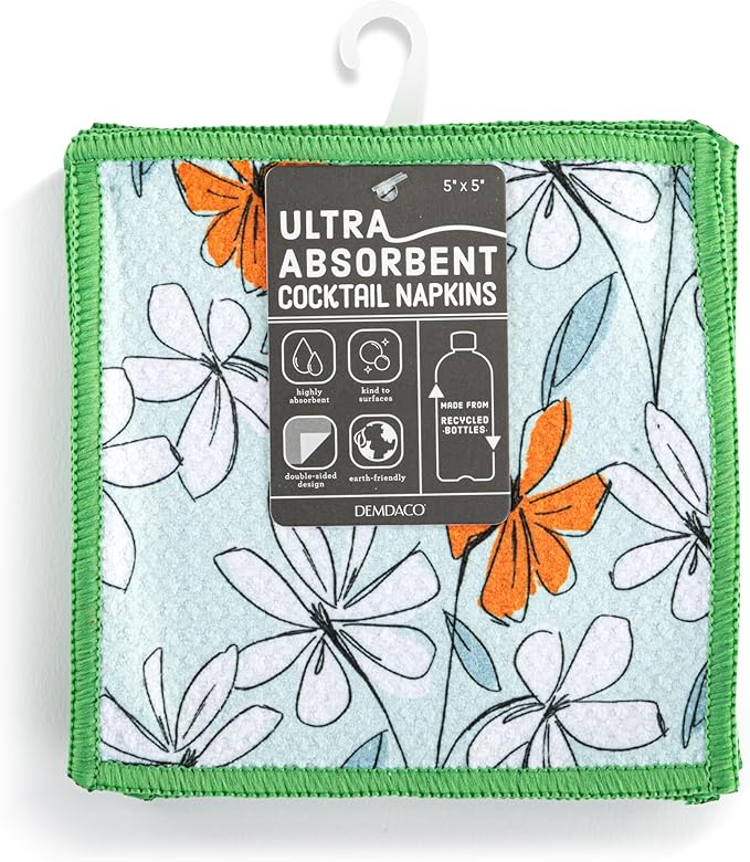 DEMDACO Reusable Absorbent Cloth Cocktail Napkins from Design Serving Collection 5 Inch Square Polyester Fiber Windowpane Floral Set of 8