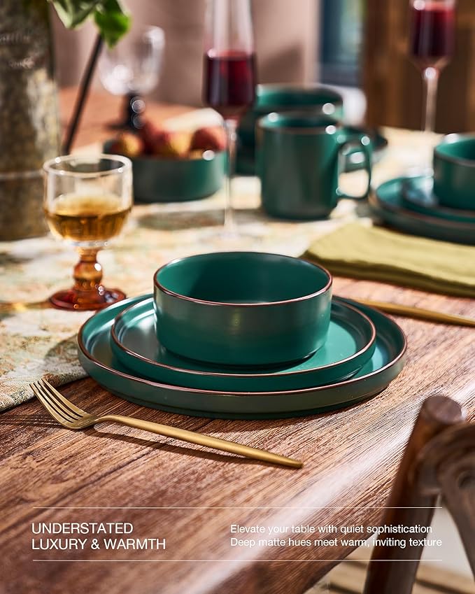 Famiware Nebula Ridge Stoneware Dinnerware Sets for 8, 24 Pieces Plates and Bowls Sets, Dishes Set, Microwave and Dishwasher Safe Kitchen Plates, Dark Green