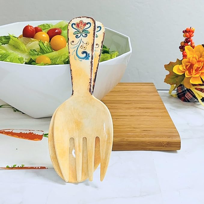UPware Tuscany Melamine Salad Servers, Serving Utensil Set, Includes Serving Fork and Spoon for Tossing Salad, Pasta, Yellow, 10.75 Inch, Set of 2