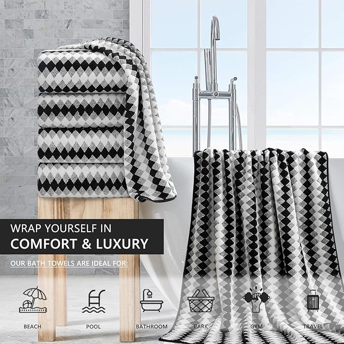 4 Piece Bath Towel Black Oversized Bath Sheet 35"x70" Bathroom Towel Extra Large Bath Towel Set Soft Highly Absorbent & Quick Dry Premium Towel Set for Bathroom 600GSM Shower Towel Spa Gym Hotel