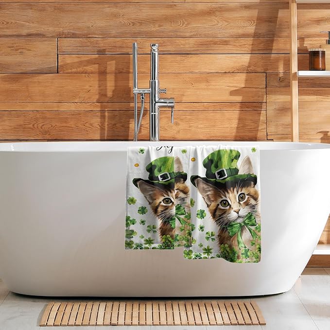 Imiss St. Patrick's Day Cat Kitchen Towels Green Leaves Shamrock Bath Towel Set of 2 Holiday Decor Guest Towel 14.4 x 28.3 Inch for Spa Yoga Sport Hotel