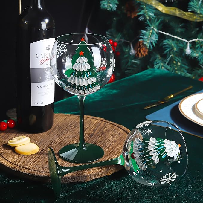 Joeyan Christmas Crystal Balloon Wine Glasses,Hand Painted Large Wine Goblet Glass Cups with Stem,Gin Tonic Cocktail Drinking Glasses with Green Xmas Tree and Snowflakes Patterns,19.5 oz,Set of 2