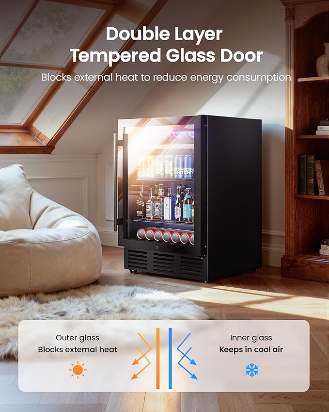 24 In Beverage Refrigerator, 112 Cans & 8 Bottles Wine Fridge with Double-Layer Glass Door, Built-In or Freestanding Wine and Beverage Refrigerator, Under Counter Fridge for Home/Bar/Cafe