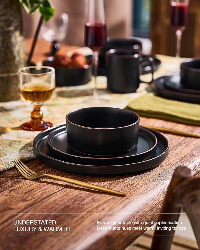 Famiware Nebula Ridge Stoneware Dinnerware Sets for 8, 24 Pieces Plates and Bowls Sets, Dishes Set, Microwave and Dishwasher Safe Kitchen Plates, Matte Black