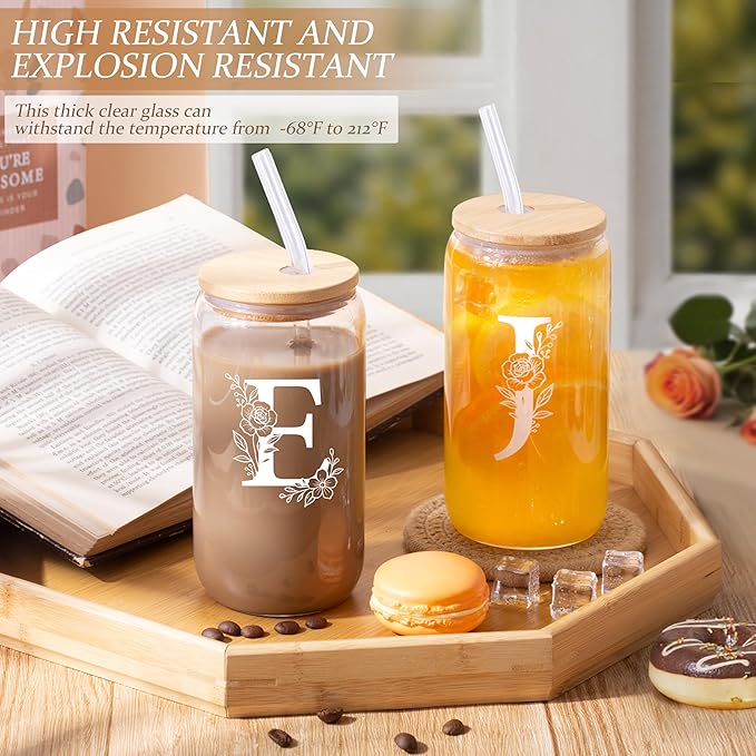 Personalized Gifts for Women, Monogrammed Gifts for Women, Initial 16 oz Glass Cups With Lids and Straws, Customized Mug, Personalized Birthday Gifts Christmas Gifts for Her Mom Friend Woman, E