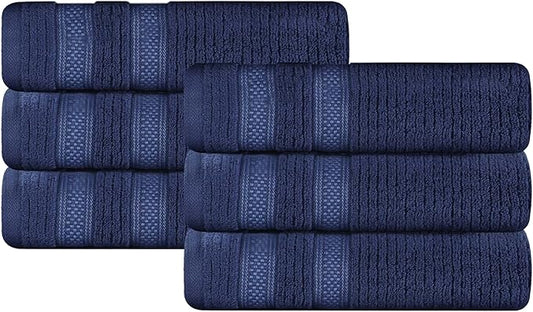 Superior Cotton Hand Towel Set, Zero Twist, Ribbed Geometric, Small Towels, Plush Soft Absorbent Bathroom Basics, Home Essentials, Spa, Salon, Hotel, Kitchen, Luxury Quick Drying, Set of 6, Navy Blue