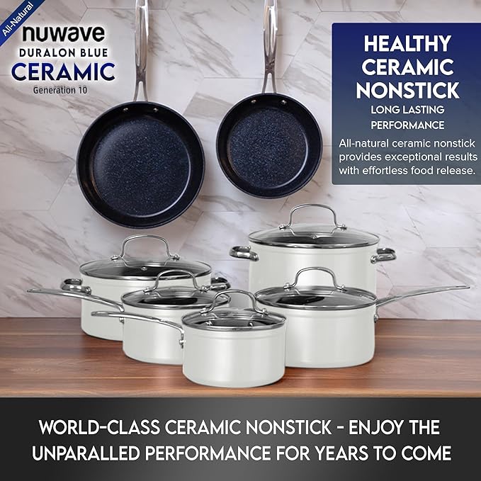 Nuwave Healthy Duralon Blue Ceramic Nonstick Cookware Set, Diamond Infused Scratch-Resistant, PFAS Free, Dishwasher & Oven Safe, Induction Ready & Evenly Heats, Tempered Glass Lids & Stay-Cool Handles