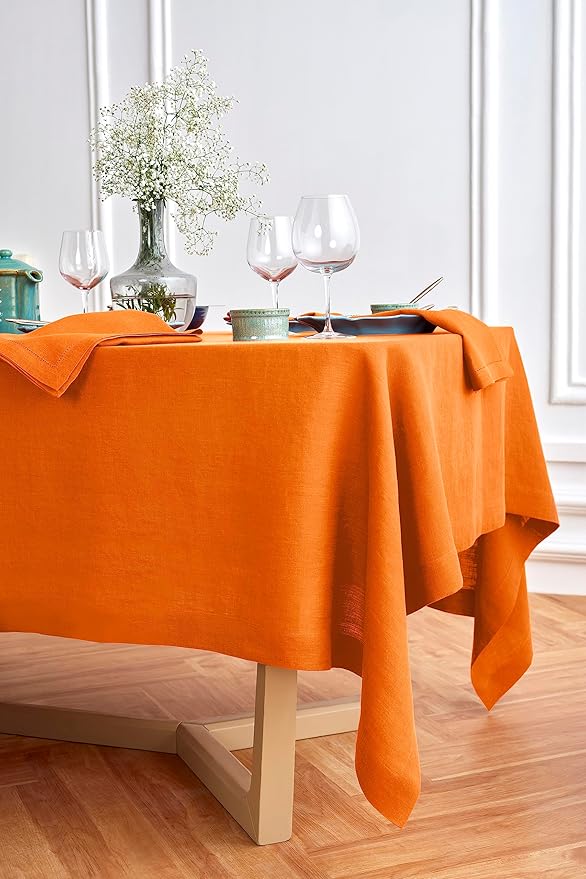 Solino Home Linen Tablecloth for Rectangle Tables 70 x 108 Inch - 100% Pure Linen Pumpkin Table Cloth - Sonoma, Machine Washable Cloth Tablecloth for Holiday, New Year