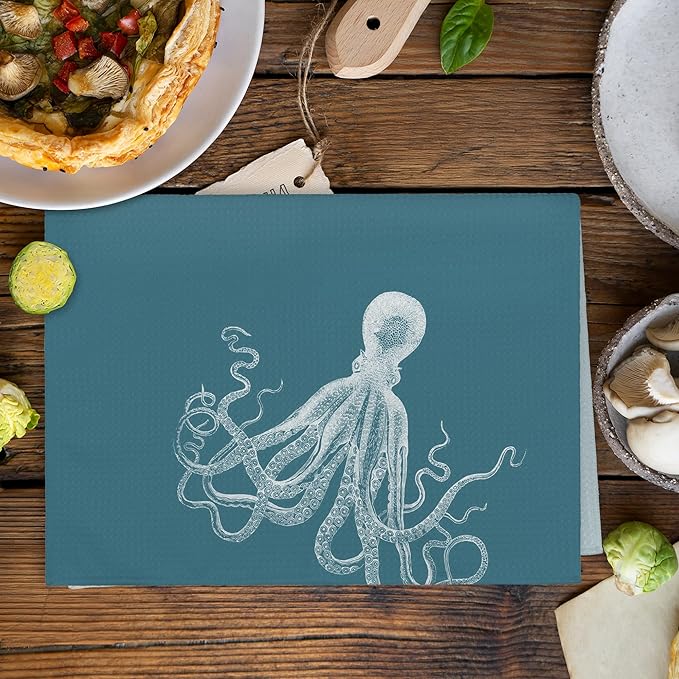 Aqua Teal Coastal Octopus Decor Dish Hand Tea Towels for Bathroom Kitchen, Octopus Ocean Nautical Beachy Bathroom Decor, Coastal Nautical Kitchen Towels and Dishcloths Sets of 2, 16x24 Inch