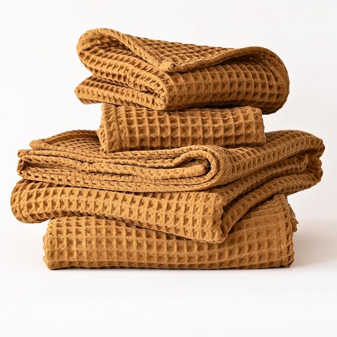 4-Piece Waffle Towels Set for Bathroom - Soft 100% Turkish Cotton Quick-Dry Lint-Free Waffle Weave Thin Bath and Hand Towels (Caramel, 2 Bath & 2 Hand Towel Set)