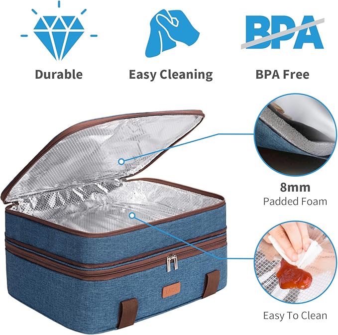 LHZK Double Decker Insulated Casserole Carrier for Hot or Cold Food, Expandable Hot Food Carrier, Lasagna Holder Tote for Potluck Parties, Picnic, Beach, Fits 11 x 15 or 9 x 13 Baking Dish (Blue)