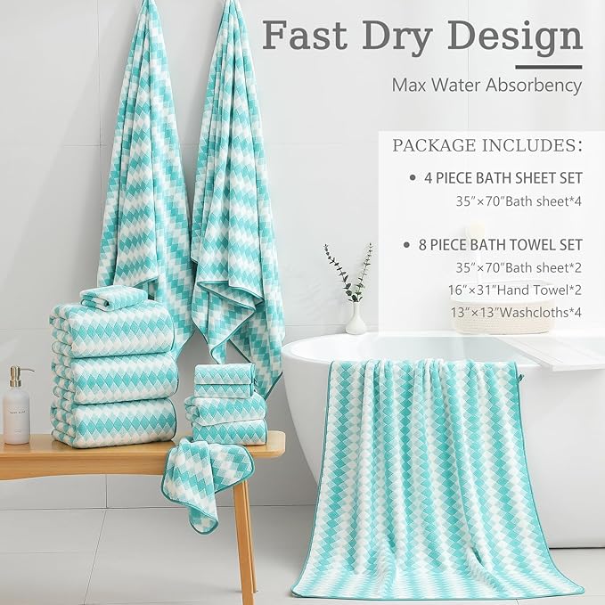 4 Piece Extra Large Bath Towel Set Oversized Bath Sheet 35"x70" Bathroom Towel Set Soft Highly Absorbent & Quick Dry Premium Bath Towel for Bathroom 600GSM Shower Towel Spa Gym Hotel,Teal