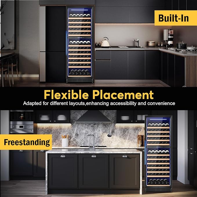Wine Fridge Dual Zone, Freestanding Wine Cooler Refrigerator 180 Bottles Large Capacity with Sliding Rail Wooden Shelves and Door Lock, Black