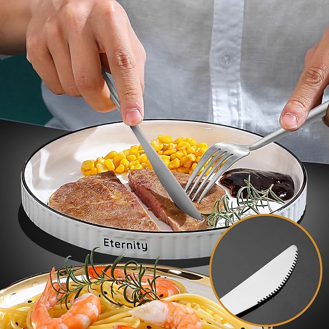 24 Pieces Silverware Set with Steak Knife, Stainless Steel Silver Flatware Set for 4, Satin Finish Spoons and Forks Silverware Set, Cutlery Utensils Set, Dishwasher Safe