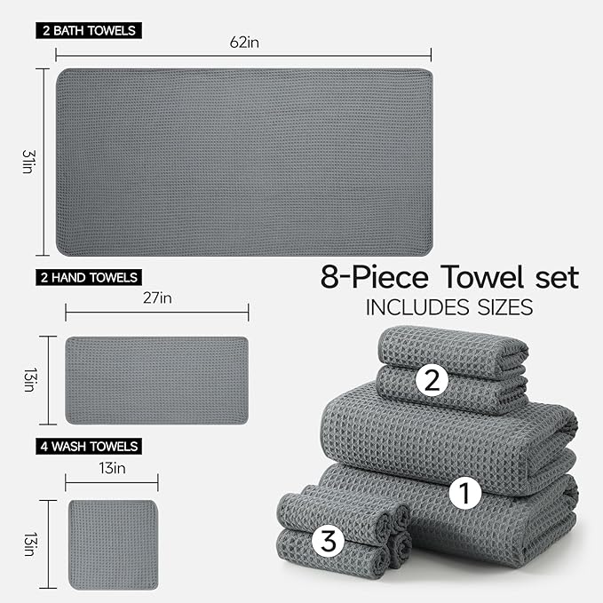REDKISS 8 Pack Microfiber Waffle Bath Towels - Gray Waffle Towels for Bathroom, Extra Large, Highly Absorbent, Quick Dry Bath Towel Set, Lint Free Bathroom Towel for Gym, Shower, Hotel and Spa