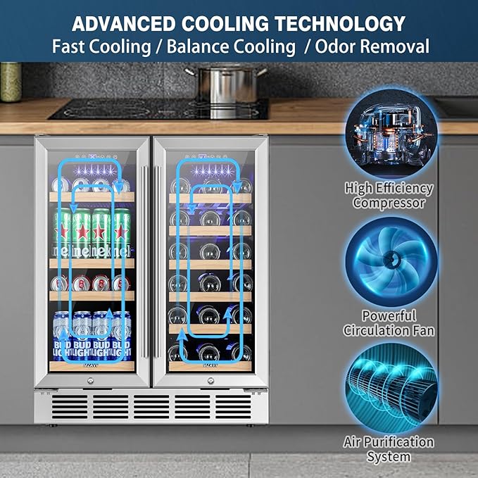 30 Inch Wine and Beverage Refrigerator, Dual Zone Wine Fridge with Quiet & Upgraded Cooling System, Large Capacity Beverage Cooler, Built-In or Freestanding, Holds 30 Bottles and 110 Cans