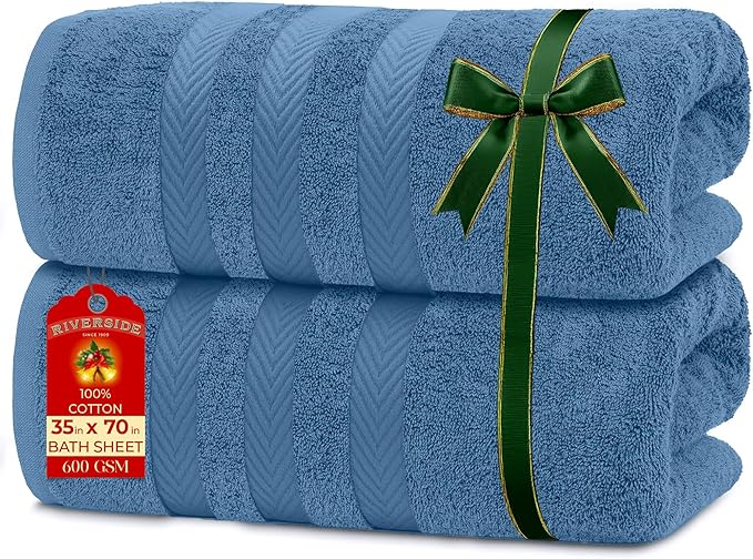 RIVERSIDE Pack of 2 Extra Large Bath Sheets 35 x 70 Inches - 100% Ring Spun Cotton Hotel Quality Oversized Bath Towels - Super Soft, Highly Absorbent & Quicker to Dry - Medium Blue