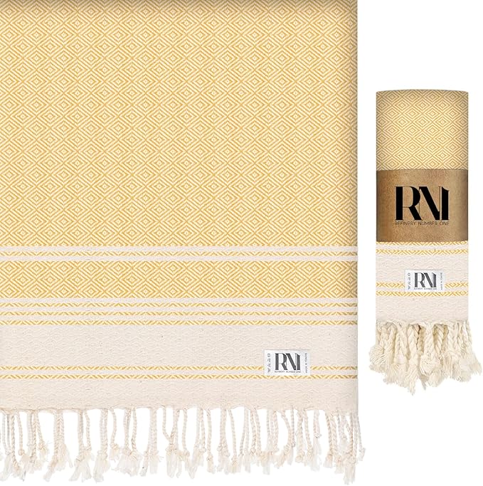 Refinery No. 1 Ottoman Diamond Weave Turkish Peshtemal Beach Bath Gym Yoga Towel 36” x 71”-Mustard