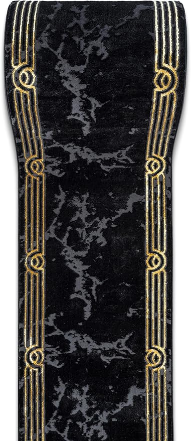 Well Woven Custom Size Hallway Stair Runner - Made-to-Measure - Fairmont Collection Lezlee Black Gold Abstract Marble Border 3x10 (2'7" x 10' Runner)