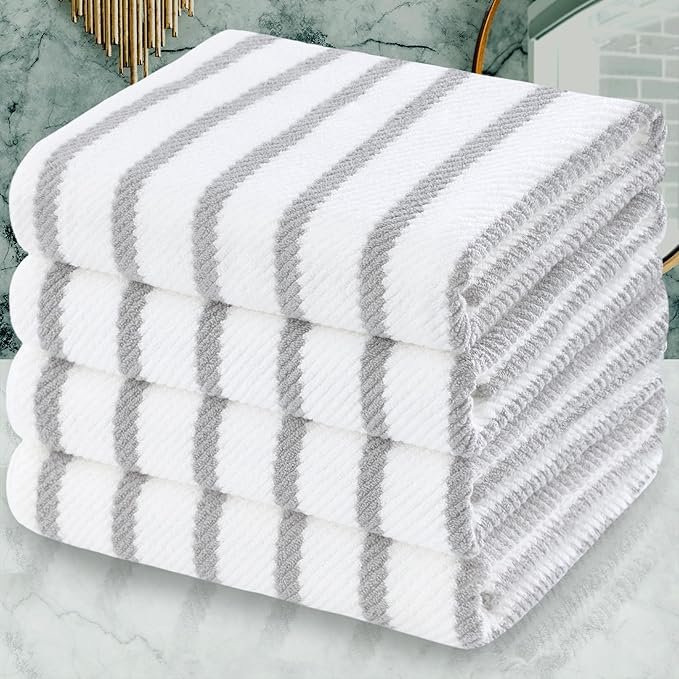 Grey and White Bath Towels (4PC, Large 30"x56") - Cotton | Hotel Quality | Lightweight | Thick | Soft | Absorb, Striped Towels for Bathroom, Quick Dry Towel for Shower, Gray and White Stripe
