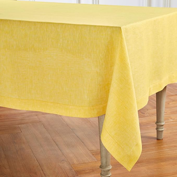 Solino Home Linen Tablecloth 60 x 120 Inch - 100% Pure Linen Chambray Lemon Yellow Table Cloth for Rectangular Tables - Athena, Machine Washable Cloth Tablecloth