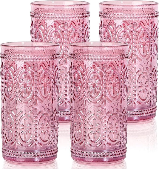 Drinking Highball Beverage Glass Cup, Vintage Drinking Glasses, Colored Glassware Set for Party Wedding Home Office Gift, Set of 4 ,Pink
