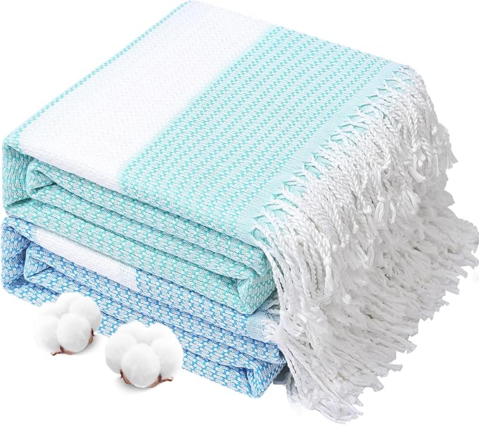 Genovega 2 Packs Oversized Turkish Beach Towels 74"x38" Thin Quick Dry Sand Free Pool Swim Bathing Towel Extra Large Blanket Adult Travel Essentials Accessories Summer Vacation Blue LightGreen Dot