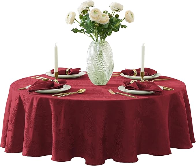 Newbridge Christmas Barcelona Damask Fabric Tablecloth, 70 Inch Round, Burgundy – No Iron, Soil Resistant Table Cover for Dining, Parties and Holidays