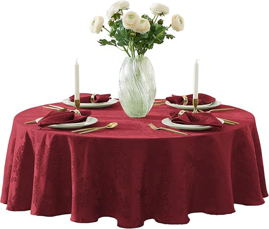 Newbridge Christmas Barcelona Damask Fabric Tablecloth, 70 Inch Round, Burgundy – No Iron, Soil Resistant Table Cover for Dining, Parties and Holidays