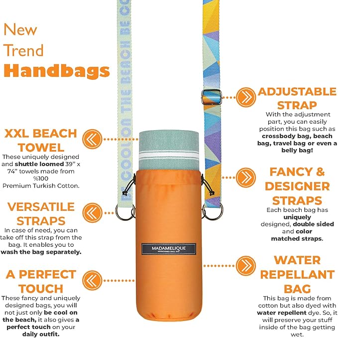 Madamelique Turkish Beach Towel with Beach Bag - 39 x 74 - Prewashed Beach Towels Oversized -%100Cotton - Quick Dry - Sand Free - Hand Loomed Turkish Bath Towels - Unique Absorbent Towel (Teal)