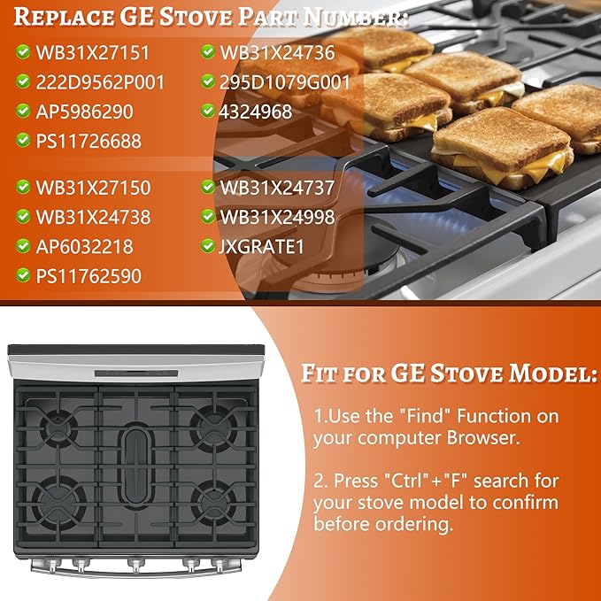 Stove Grate for GE Gas Stove Top Burner Side Grates Range Oven Rack WB31X27151 Replacement Parts Cast Iron Flat Plate General Electric Stovetop Cooktop 2 Pack