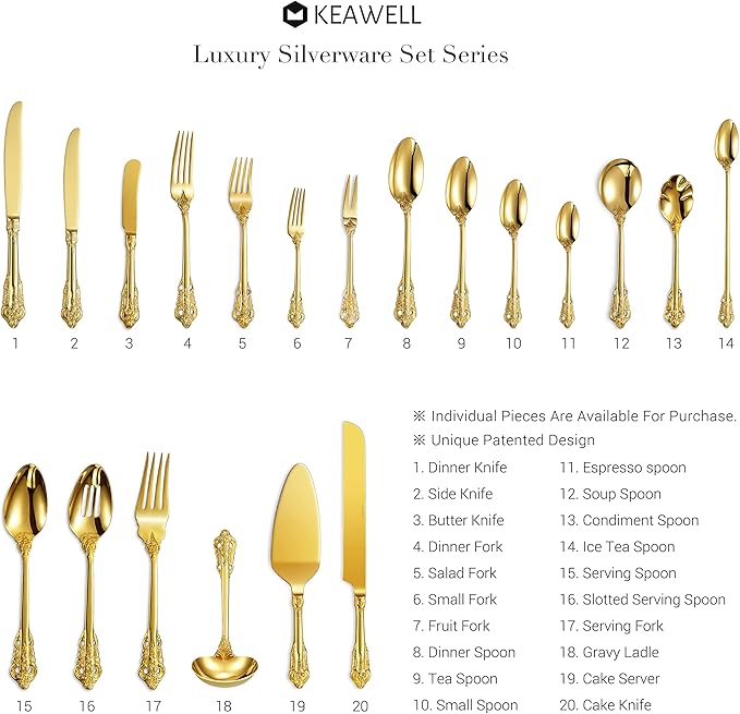KEAWELL Luxury Salad Forks Dessert Forks Set, Set of 4, 18/10 Stainless Steel, 7 Inches, Dishwasher Safe, Mirror Polished, Silverware Fork Set (Gold)