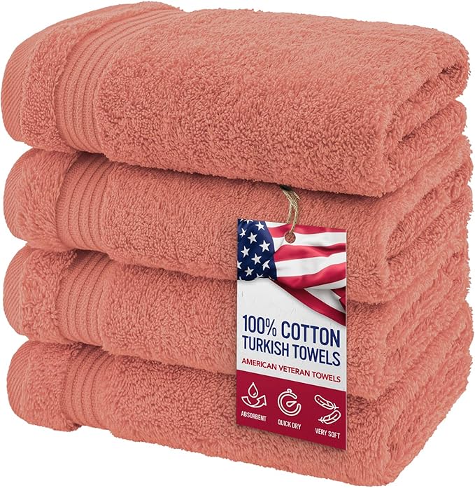 American Veteran Towel, Hand Towels for Bathroom Set of 4, 100% Cotton Turkish Hand Towel Sets, Soft Hand Face Towels, Coral Hand Towels