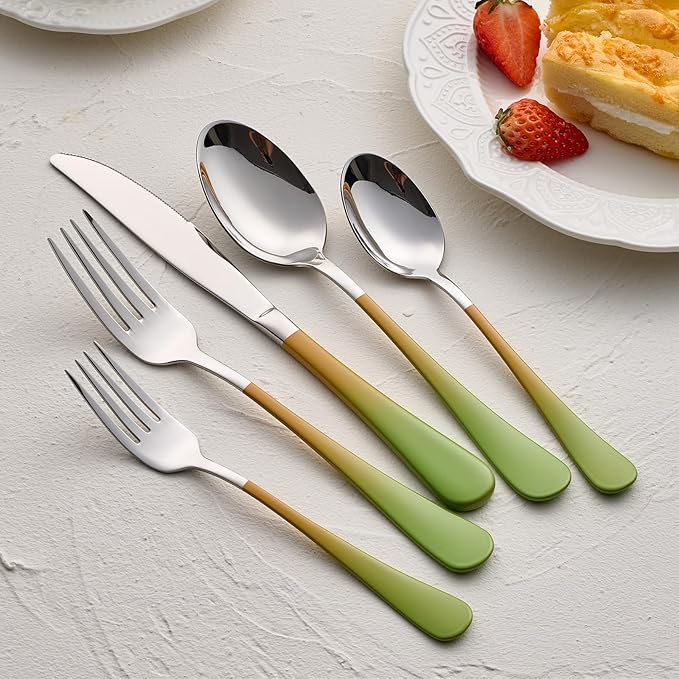 20-Pieces Color Silverware Sets for 4,Green and Orange Handle Stainless Steel Cutlery Set, Include Forks Spoons and Knives Set, Dishwasher Safe Utensil Sets for Home Restaurant