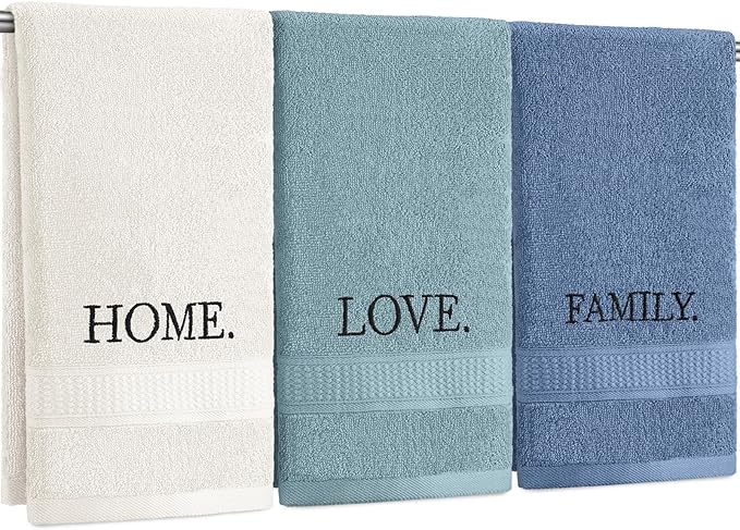3 Pcs Home Love Family Decorative Hand Towels for Bathroom and Kitchen Rustic Embroidered 100% Cotton Hand Towels Decorative Set for Christmas Holiday Bathroom Decor