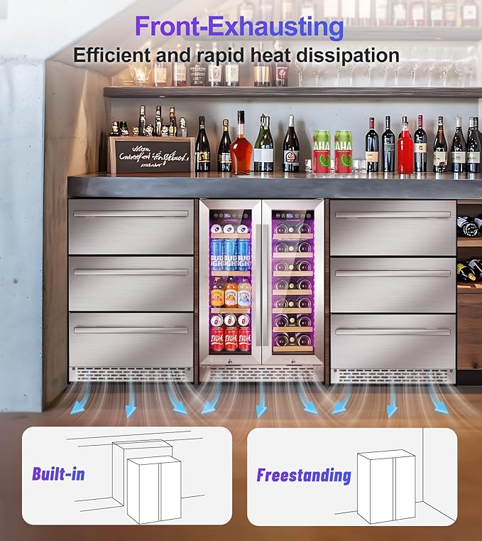 3 Drawer Beverage Refrigerator Undercounter, Hold 180 Cans 24 inch Weather Proof Stainless Steel Beverage Fridge for Outdoor, Built-in & Freestanding Beverage Cooler Fridge for Soda, Beer, Fruit