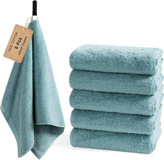 SEMAXE 6-Pack Blue Hand Towels - 27"x16" Ultra Soft & Absorbent Cotton Bathroom Set with Hanging Loops, Oeko-Tex Certified