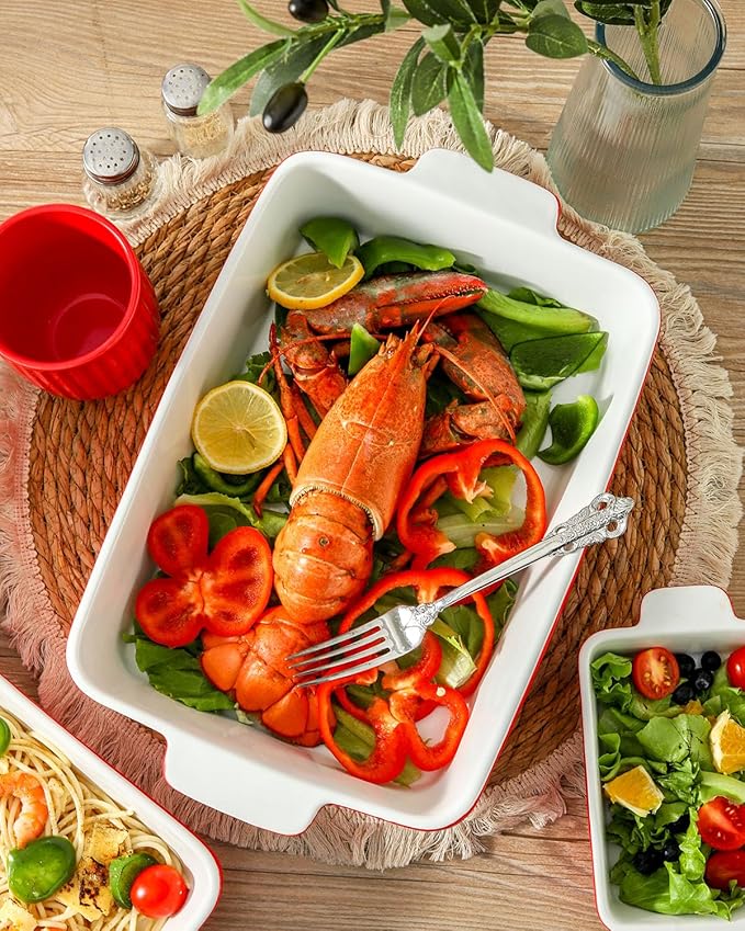 Hasense Casserole Dishes for Oven, Rectangular Baking Dishes Set of 3, Porcelain Lasagna Pans with Handles, Ceramic Baking Pans Set for Cooking, Christmas Party Birthday Gifts, Red(15"/12.2''/8.3'')