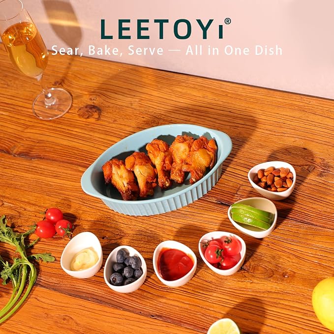 LEETOYI Porcelain Small Oval Au Gratin Pans, Baking Dish Set for 1 or 2 person servings, Bakeware with Double Handle for Kitchen and Home, Set of 2 (Turquoise)