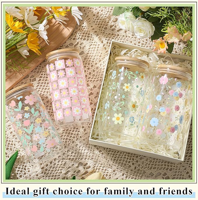 Mumufy Gift for Women Cute Glass Cup Tumbler Flower Iced Coffee Mugs 16 oz Glass with Bamboo Lid & Straw, Mothers Day Birthday Gift for Mom Sister Bridesmaid Baby Shower(4 Pack, Pastel Flower)