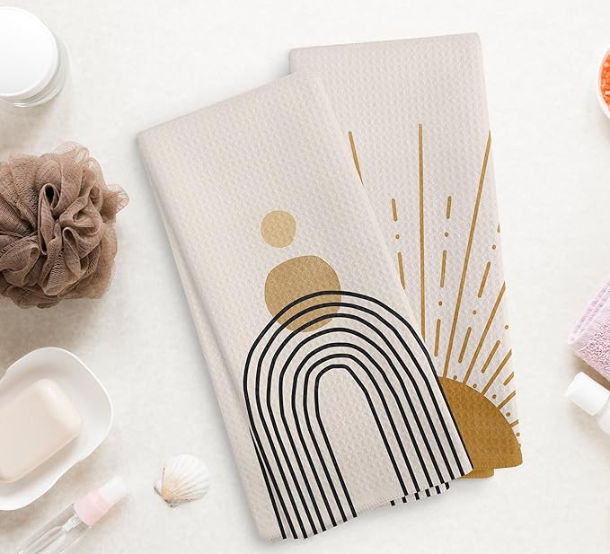 Boho Abstract Sun Sunrise Sunset Sunshine Line Rainbow Kitchen Towels and Dishcloths Sets of 2,Boho Absorbent Drying Cloth Hand Towels Tea Towels for Bathroom Kitchen,16×24 inches