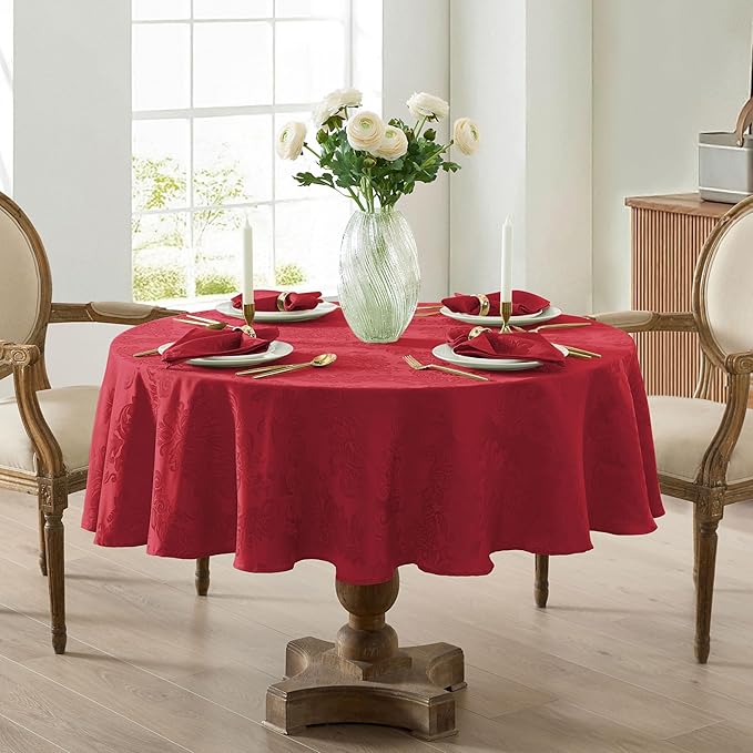 Newbridge Christmas Barcelona Damask Fabric Tablecloth, 90 Inch Round, Red – No Iron, Soil Resistant Table Cover for Dining, Parties and Holidays