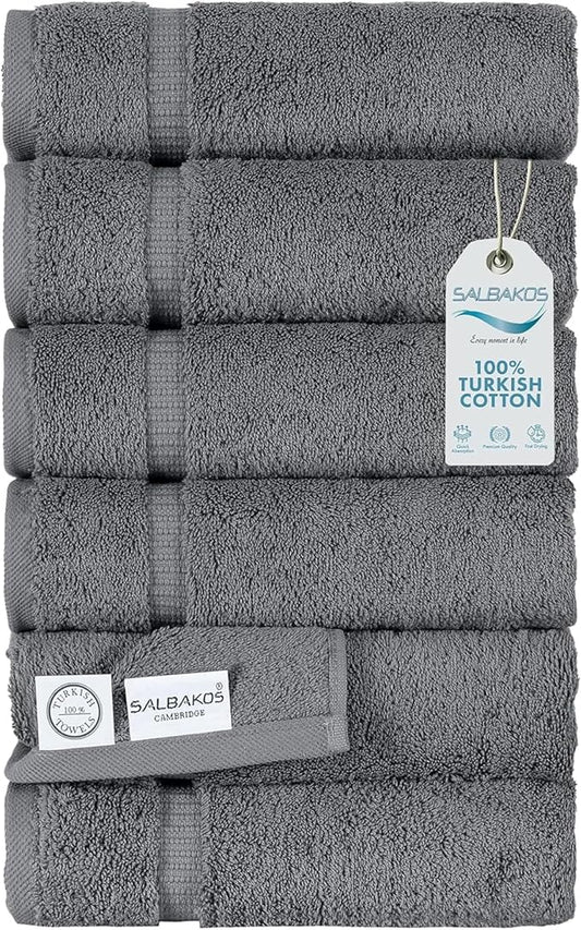 SALBAKOS 100% Turkish Cotton Hand Towel Set of 6 16x30 inch | Heirloom Quality | Hotel & Spa Collection | Ultra Soft, Super Absorbent, Long Lasting Hand Towels | Made in Turkey (Gray, 6 Hand Towels)