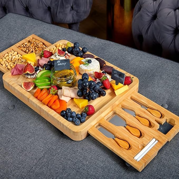 RoyalHouse Unique Bamboo Cheese Board and Knife Set with 2 Slide-Out Cutlery Drawers - Charcuterie Boards Set & Cheese Platter - Ideal Anniversary, Wedding and Housewarming Gift