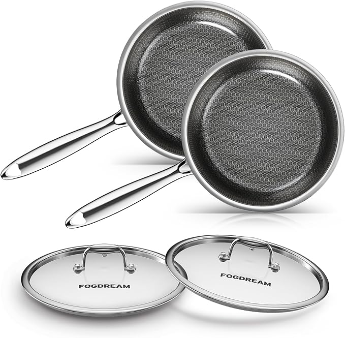 Fogdream 10“11” Stainless Steel Pan, Non Stick Frying Skillet with Lid, Tri-Ply Stainless Steel for All Cooktops, Dishwasher and Oven-Safe Cooking Pan, Stay-Cool Handle, Silver