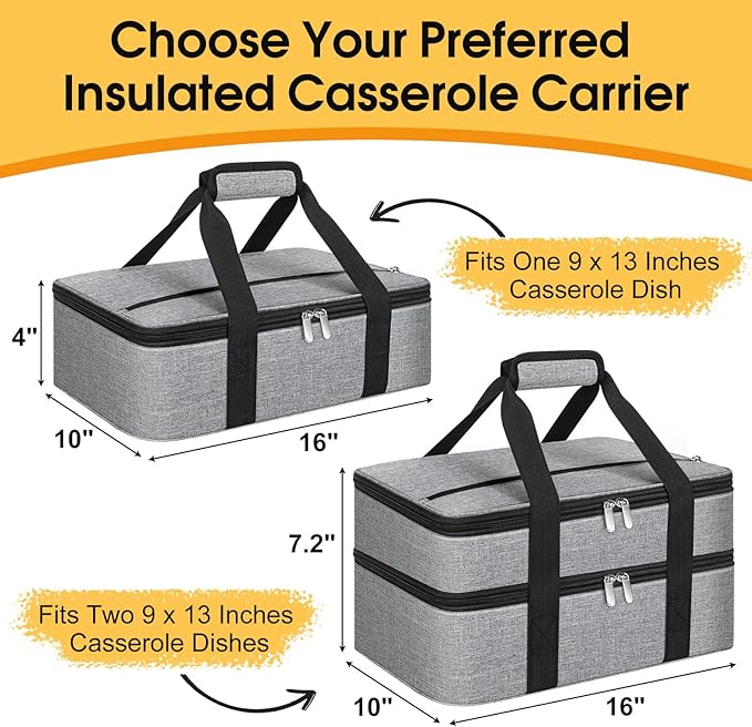 Insulated Casserole Carrier, Portable Casserole Carrier for Hot or Cold Food Lunch Tote Warmer or Cooler Bag, Lasagna Lunch Bag for Potluck Parties- Fits 9" x 13" Baking Dish-Light Gray