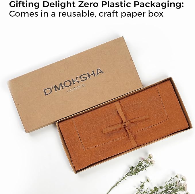 D'Moksha Homes Linen Rust Table Runner 120 Inches Long - 100% Pure Linen Hemstitch 14 x 120 Inch Table Runner for Dining and Winter, Holiday, New Year - Classic Hemstitch