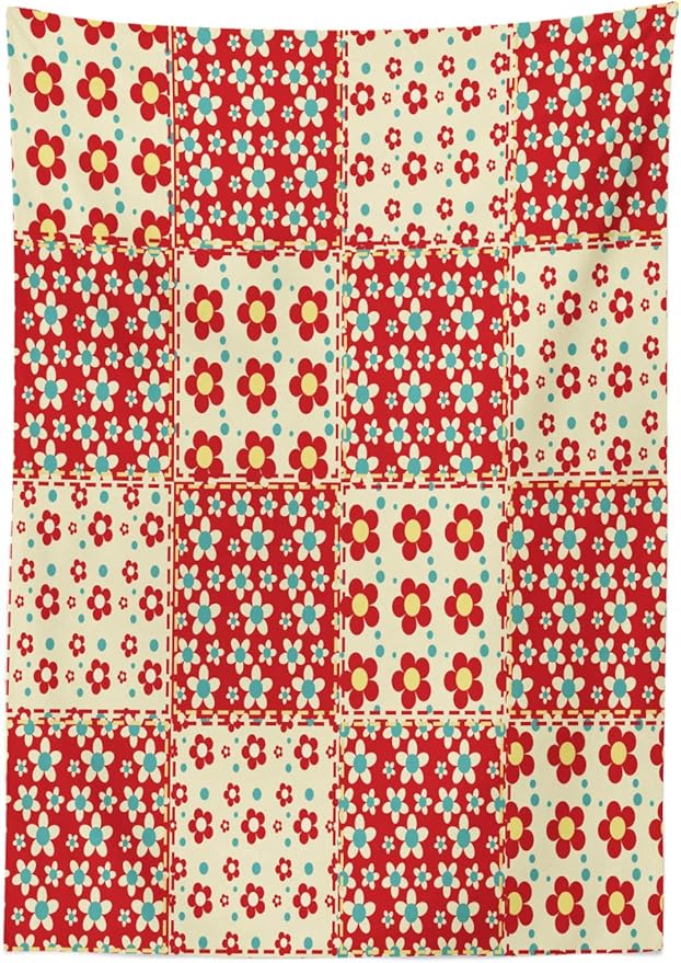 Ambesonne Cabin Tablecloth, Traditional Quilt Pattern with Spring Garden Flowers Daisy Bloom, Dining Room Kitchen Rectangular Table Cover, 52" X 70", Yellow Turquoise