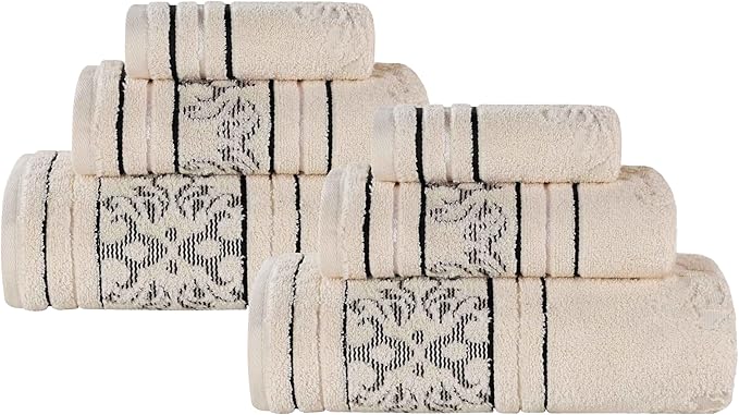 Superior Cotton 6 Piece Towel Set, 2 Bath, 2 Hand, 2 Washcloth/Face Towels, Quick Dry, Home Essentials, Shower, Spa, Luxury Plush Soft Absorbent Towels, Zero-Twist, Jacquard Floral, Ivory