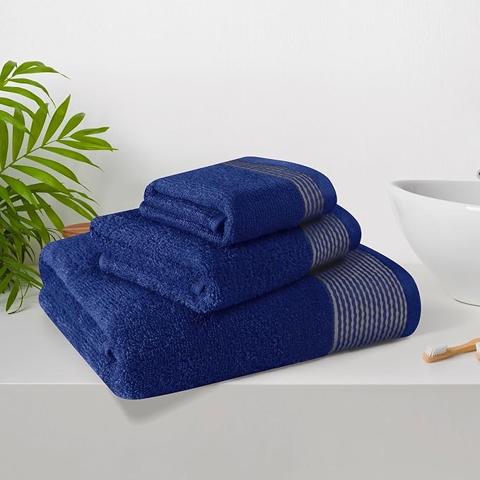 Belizzi Home Ultra Soft 3 Pack Cotton Towel Set, Contains a Bath Towel 28x55 inch, a Hand Towel 16x24 inch & a Wash Coth 12x12 inch, Ideal Everyday use, Compact & Lightweight -Navy Blue